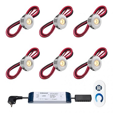 Set spots aluminium, 6 stuks. Inclusief trafo, afstandsbediening en kabel van 5 meter.