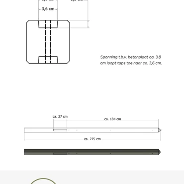 Lichtgewicht betonpaal met diamantkop ongecoat 8.5x8.5x280 cm, tussenpaal, grijs